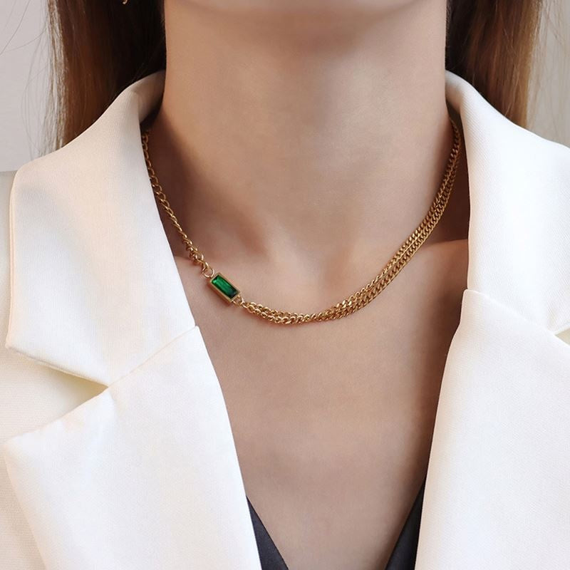 Emerald Aura Dual-Chain Necklace – Gold Plated