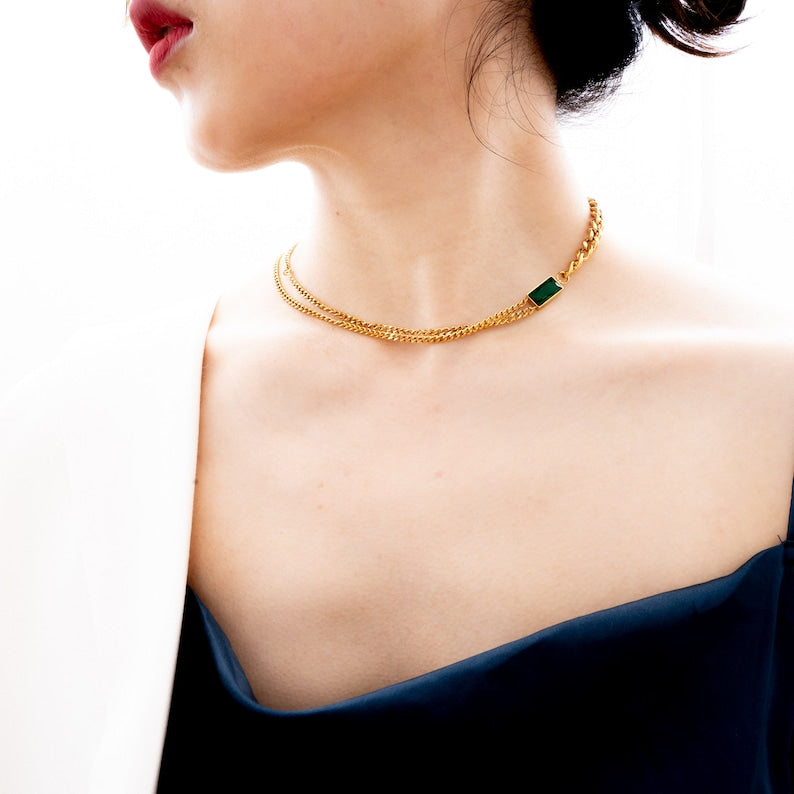 Emerald Aura Dual-Chain Necklace – Gold Plated