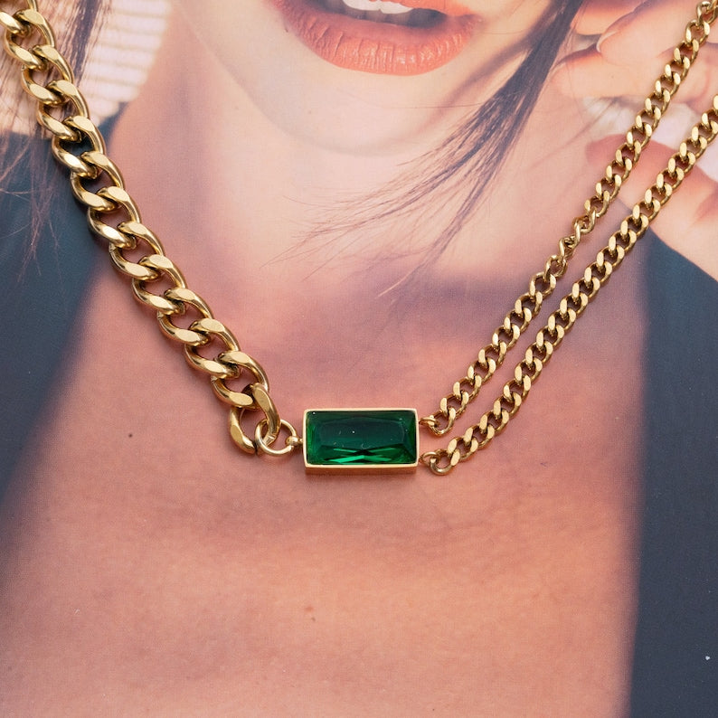 Emerald Aura Dual-Chain Necklace – Gold Plated