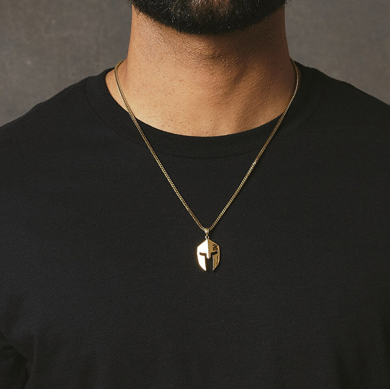 Spartan Warrior Helmet Pendant – Bold Gold Statement Necklace