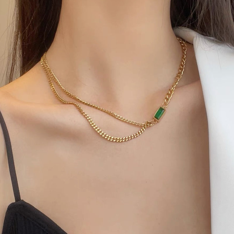 Emerald Aura Dual-Chain Necklace – Gold Plated