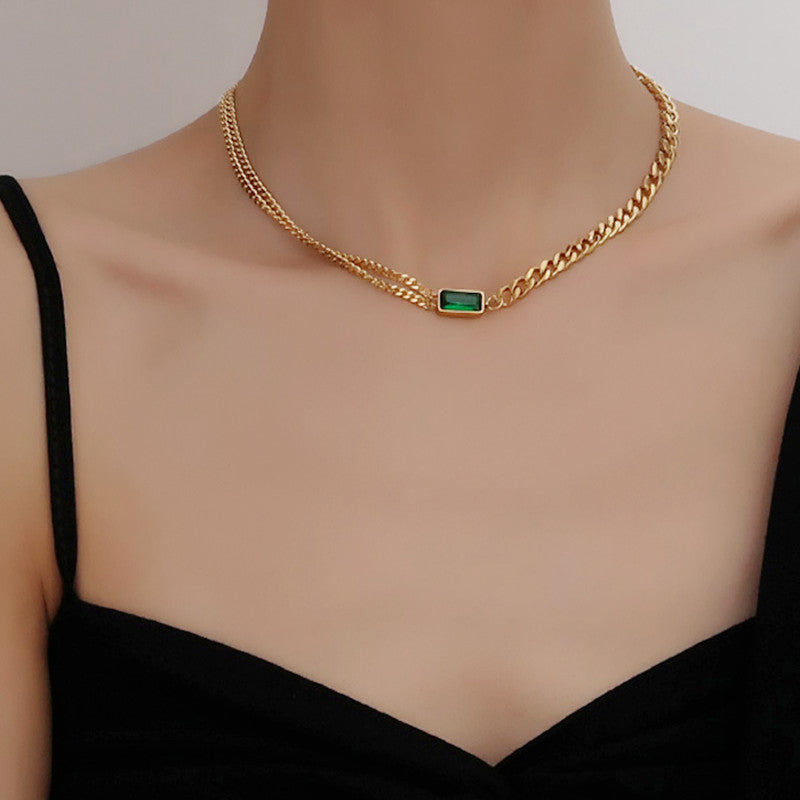 Emerald Aura Dual-Chain Necklace – Gold Plated