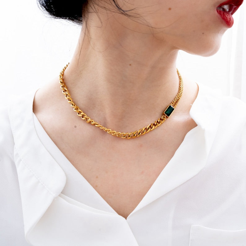 Emerald Aura Dual-Chain Necklace – Gold Plated