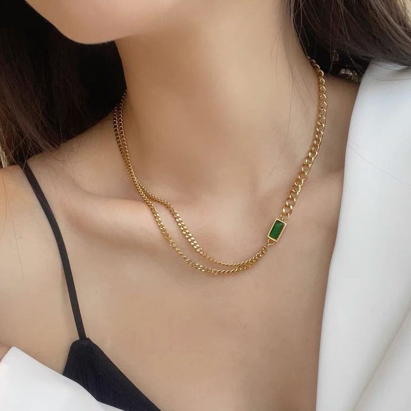 Emerald Aura Dual-Chain Necklace – Gold Plated